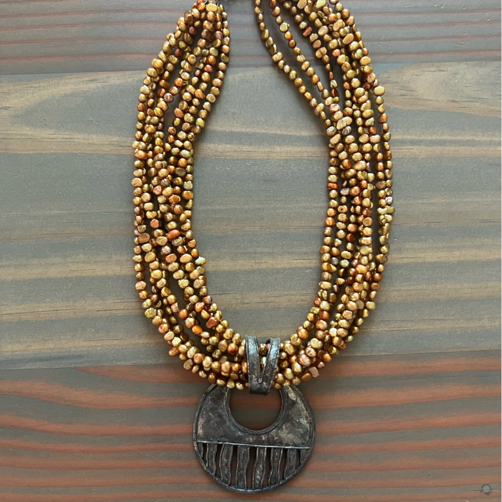 Vintage 8 strand copper Pearl Necklace with sterling silver pendant